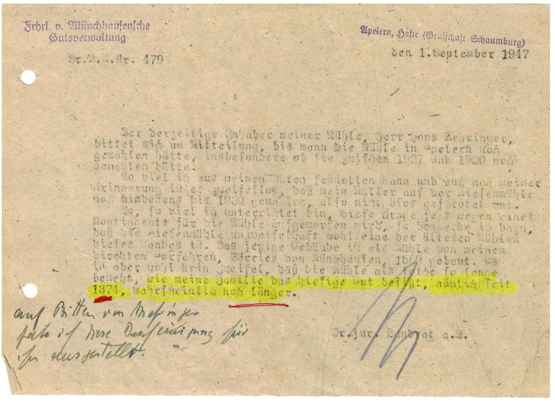Letter from the von Münchhausen estate, 1 September 1947, with the year 1374 highlighted