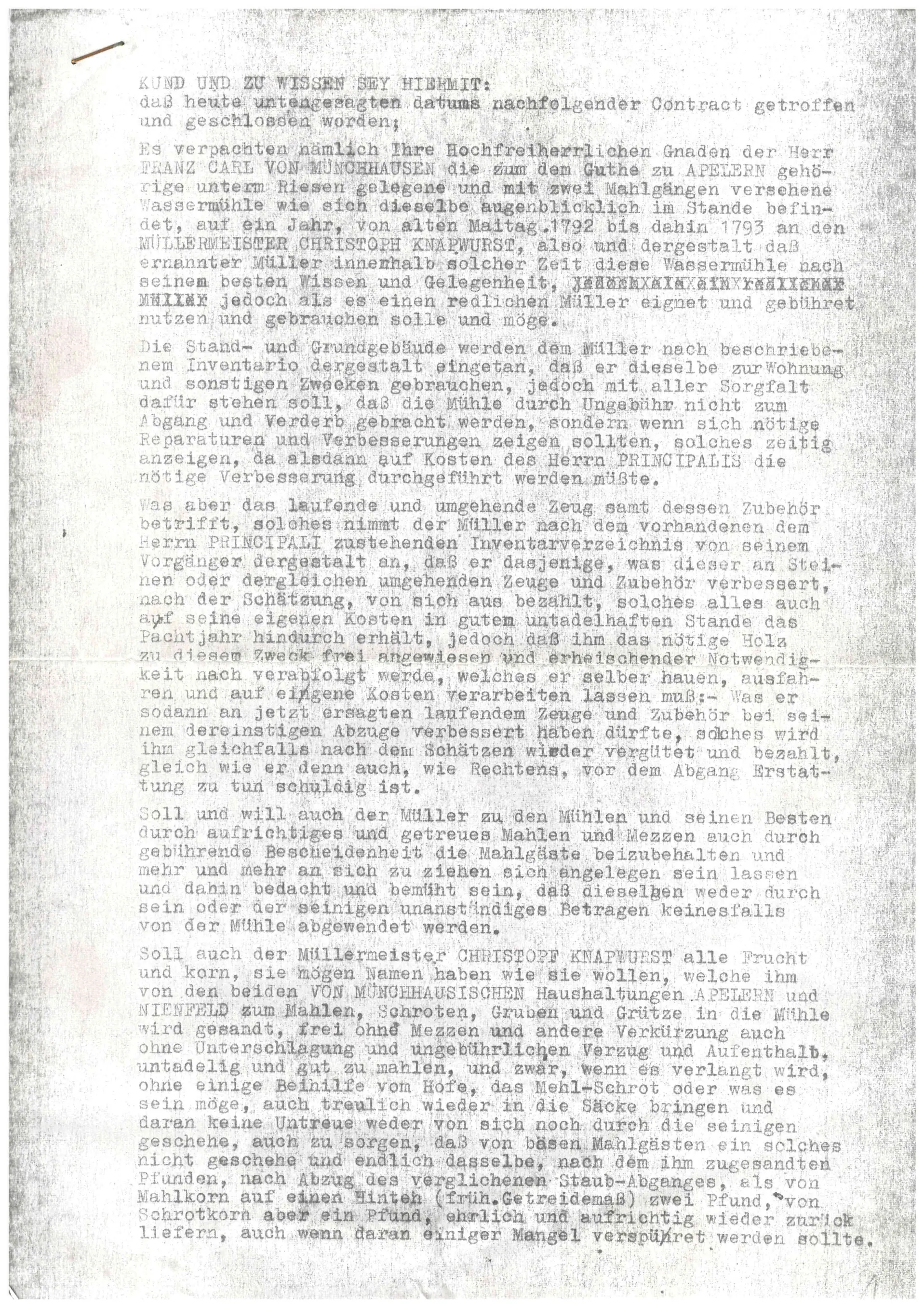 Lease of 1792 between Franz Carl von Münchhausen and Christoph Knapwurst, transcript page 1