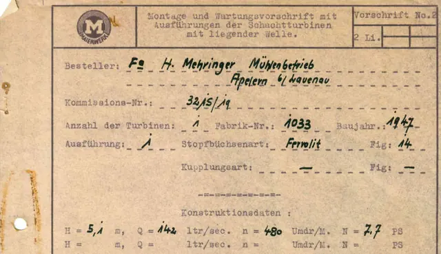 Datenblatt des Maierwerks von 1947: Besteller H. Mehringer Mühlenbetrieb Apelern, Fallhöhe 5,1 m, 142 Liter pro Sekunde, 480 Umdrehungen pro Minute, 7,7 PS